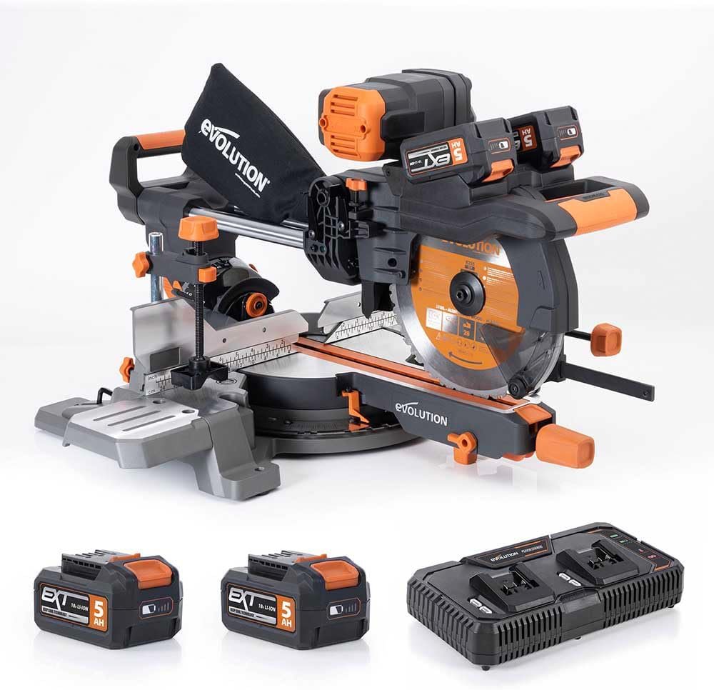 Evolution Power Tools R255SMS-DB-Li Troncatrice scorrevole a doppio smalto cordless 2x 18 V Li-Ion EXT inclusa lama multi-materiale per taglio su legn