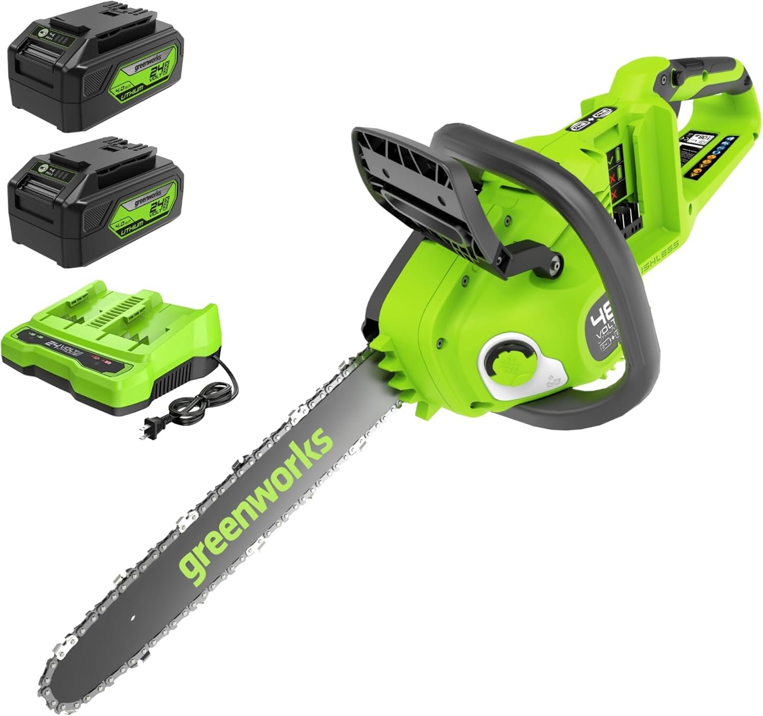 Greenworks 48V 35cm Motosega a Batteria con Motore Brushless, con due 4 Ah Batteries Caricabatterie Gemello